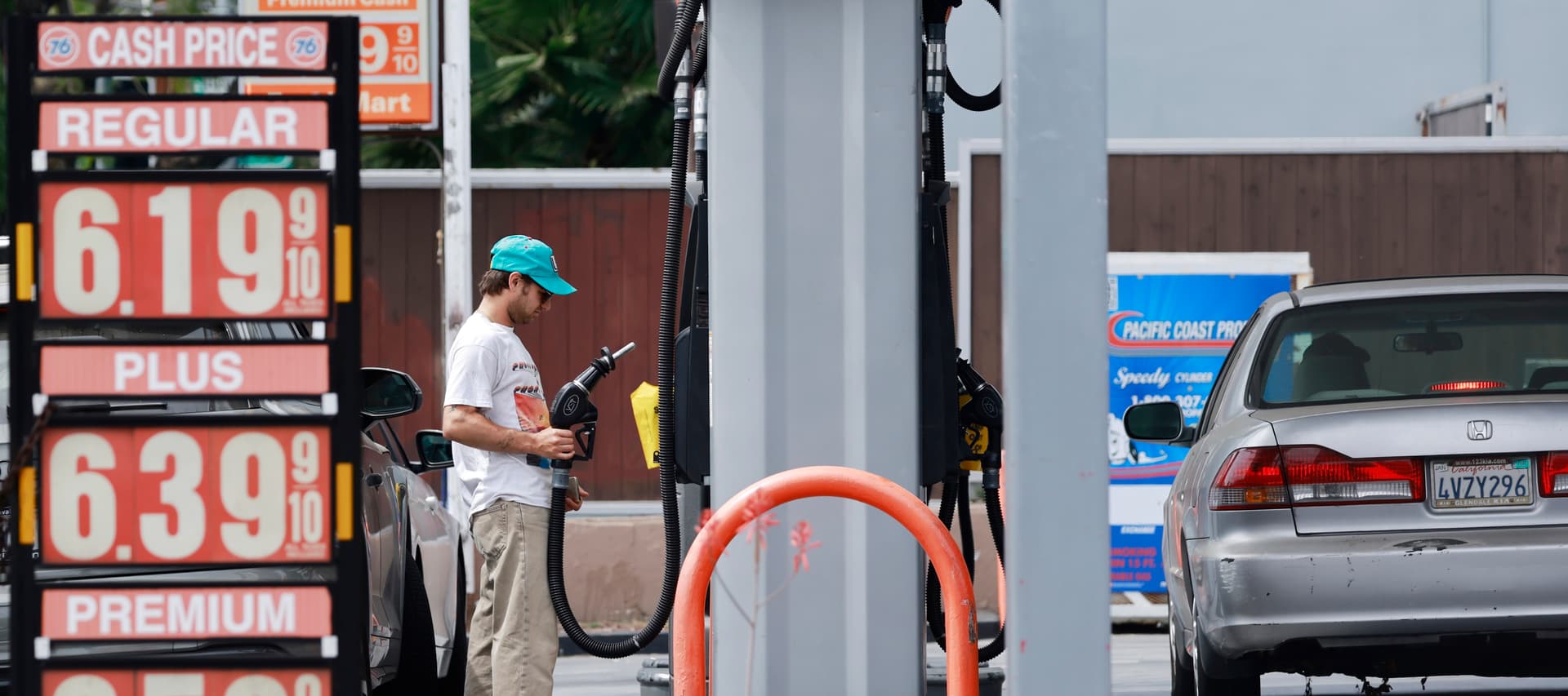 Gas prices are displayed at a Shell gas station on March 30, 2026 in Los Angeles, California.