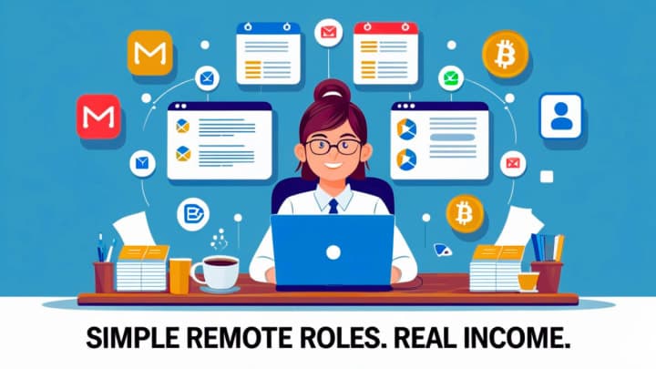 Remote worker with digital apps and crypto icons.