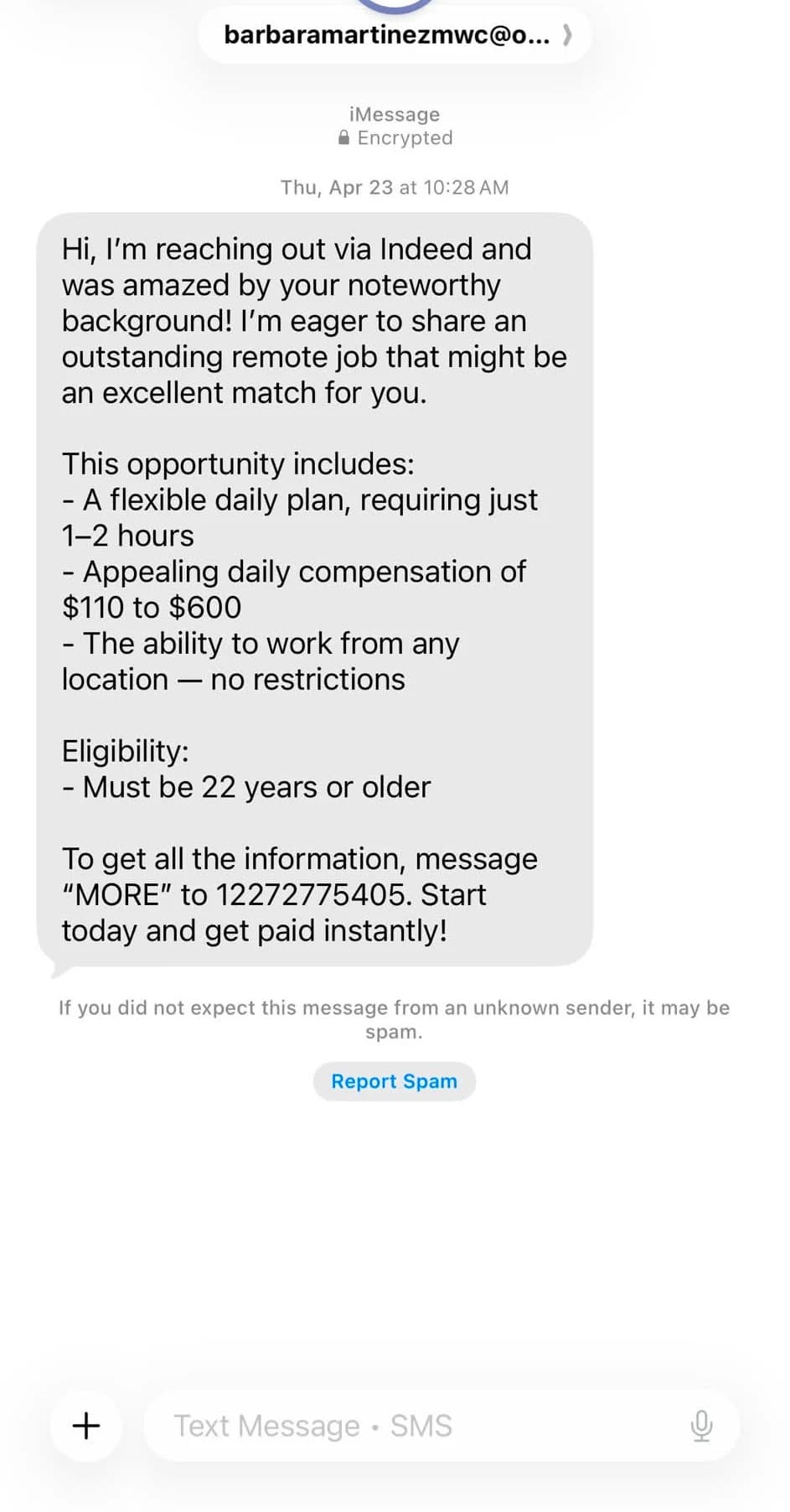 Screenshot of a text message claiming to be from an Indeed recruiter offering a remote job with flexible hours and daily pay of $110 to $600.